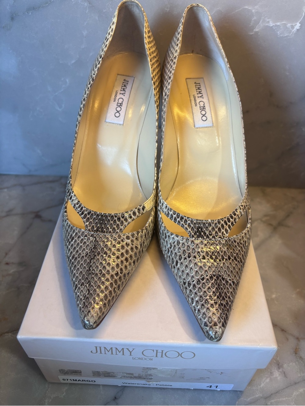 Jimmy Choo Metallic Gold Snakeskin Pointed Pumps